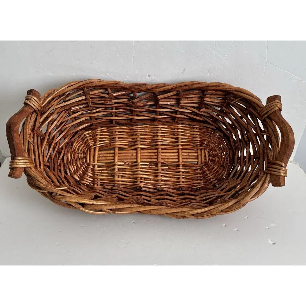 Oval Wicker Basket Bread Baguette With Handless Fruit, Flowers, 21